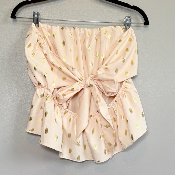 4/25$ SHEIN Pink and Gold Smocked Strapless Blouse With Open Tie Back Medium - Picture 3 of 7